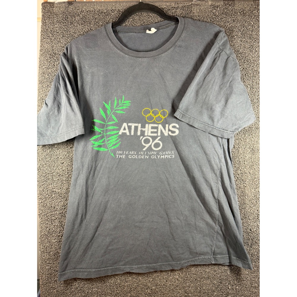 Vintage Athens 96 Olympic Games T-Shirt Mens L Gray Golden Olympics 100 Years